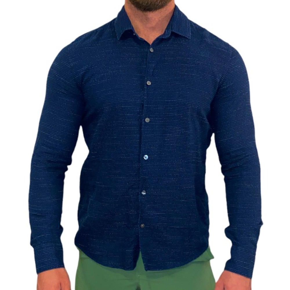 Hugo Boss mens navy blue, dotted pinstriping button-down shirt. NWOT, Size L
